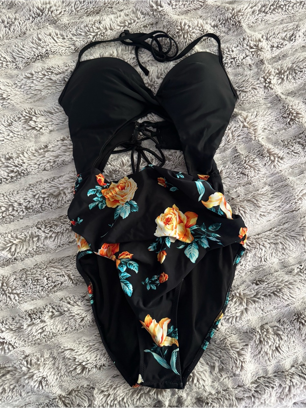 Cupshe Black Halter One-Piece Cut Out High Waisted Black Floral Swimsuit Large